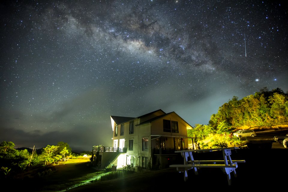 White Wall Paint House Under The Dark Sky With Stars