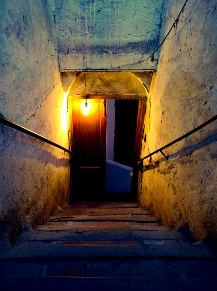 Brown Wooden Door Near Concrete Stairs With Light