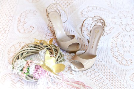 Womens White Stiletto Sandals On White Floral Design Textile