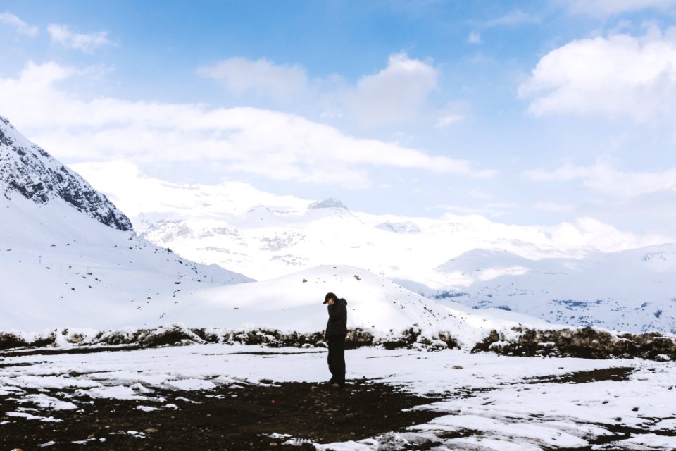 Man In Black Shirt Standing On White Snow Field photo