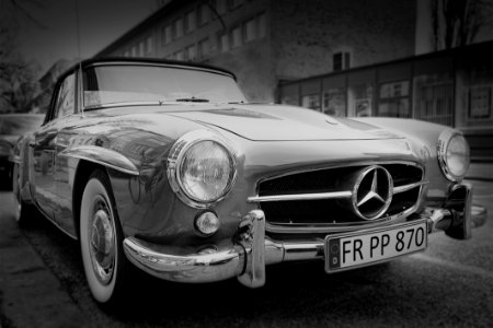 Grayscale Photography Of Classic Mercedes Benz Car photo