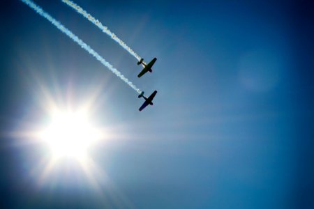 Two Airplane Flying Under Blue Sky Emitting White Smoke photo