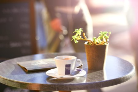 Cup Of Coffee On Table Beside Plant photo