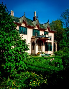 White And Green House With Hedge Garden Surrounded By Trees Painting