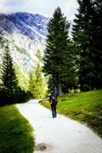 Person With Backpack Hiking Near Trees And Green Grass photo