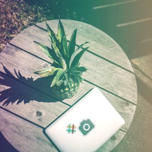 Pineapple Fruit Near White Laptop Computer On Brown Wooden Table photo