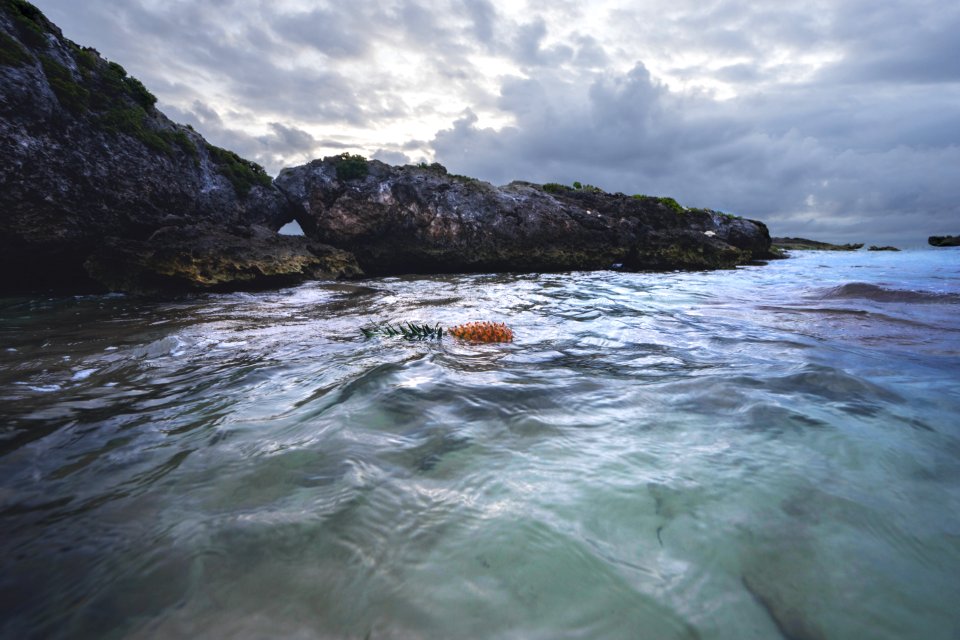 Rocky Cliff Near Calm Sea Under Gray Cloudy Sky photo