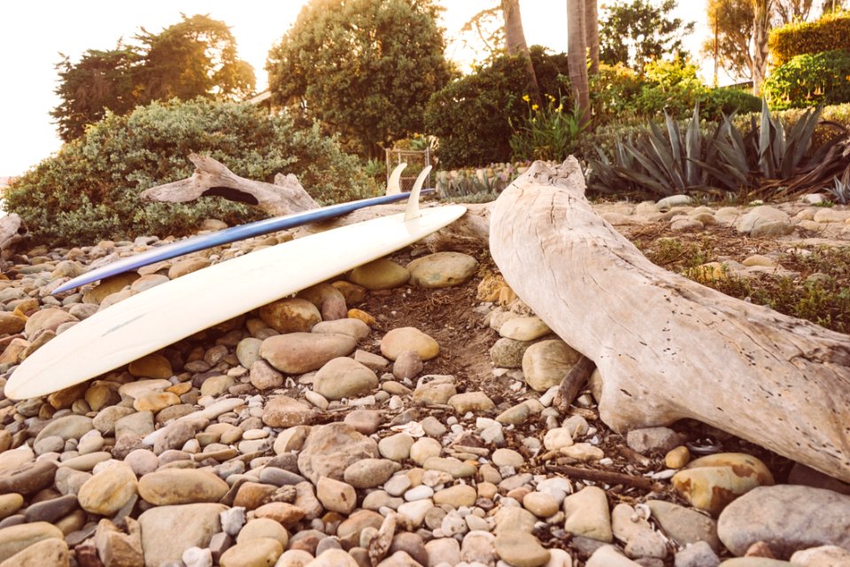 Surfboard On Rocks