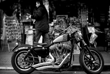 Grayscale Photo Of A Cruiser Motorcycle photo