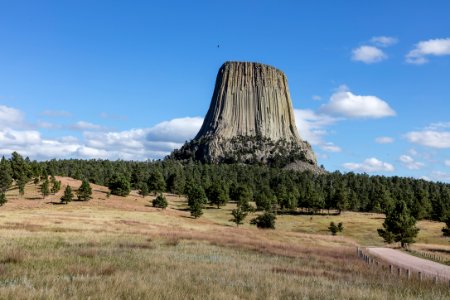 America's first declared national monument (in 1906): Devils Tower in northeast Wyoming, also known by more benign names, including Bear Lodge, by indigenous American Indians. The National Park Service, which manages the attraction, declares each June as a "climb-free" period (with mixed success), out of respect for nearby tribes, who consider the monument sacred and loathe the “Devils Tower” name. Original image from Carol M. Highsmith’s America, Library of Congress collection. photo