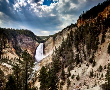 The Lower Falls of the Yellowstone River in northwestern Wyoming's Yellowstone National Park. Twice as high as Niagara Falls in the eastern state of New York, these are the highest-volume falls in the Rocky Mountains - Original image from Carol M. Highsmith’s America, Library of Congress collection.