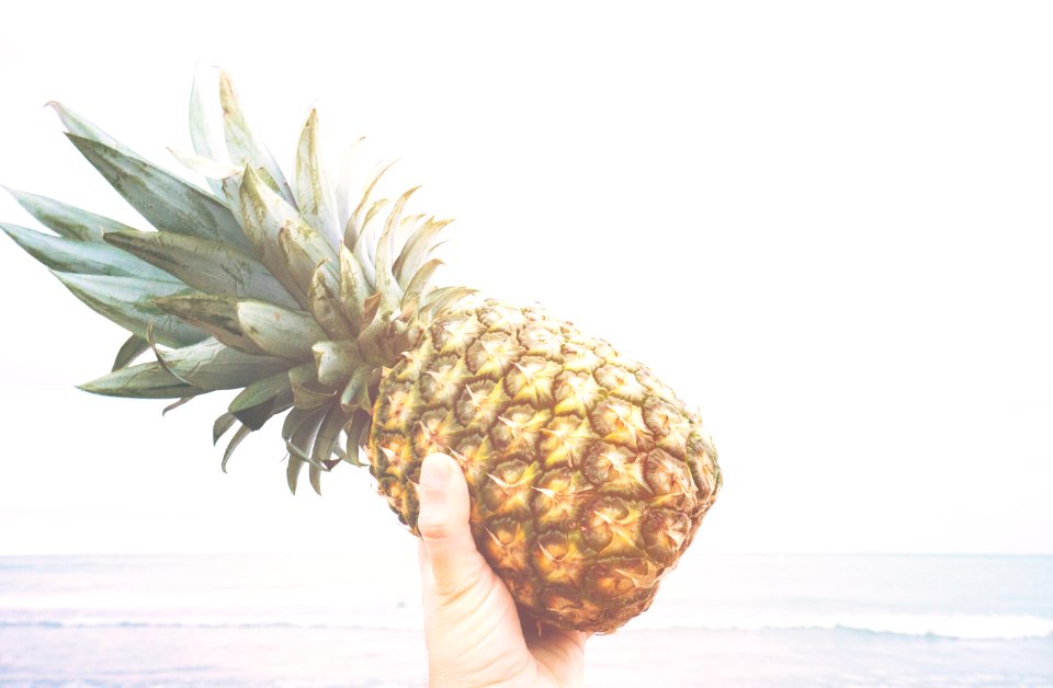 Hand Holding Pineapple At Beach