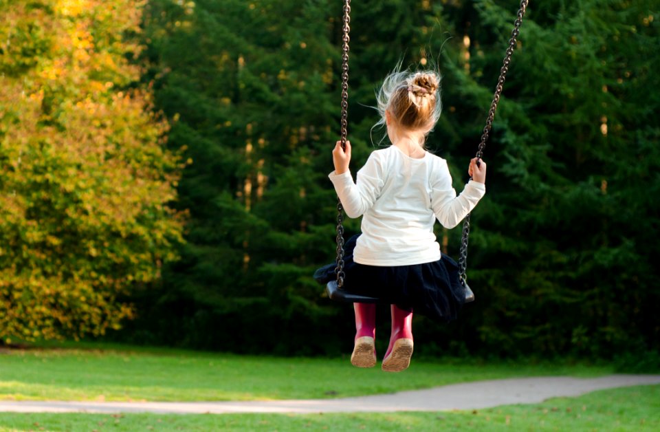 Girl In White Long Sleeve Shirt And Black Skirt Sitting On Swing During Day Time photo