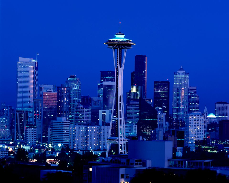 Seattle at night. Original image from Carol M. Highsmith’s America, Library of Congress collection.