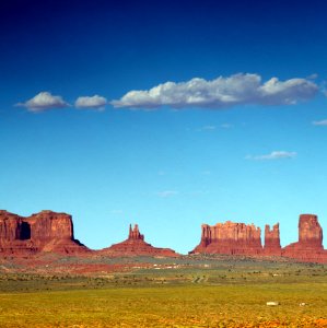 Monument Valley, a Navajo Nation tribal park whose red-sandstone formations on the Colorado Plateau lie mostly in Arizona but also into Utah. Original image from Carol M. Highsmith’s America, Library of Congress collection.