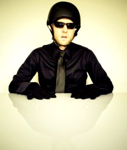 Man In Black Dress Shirt Wearing Half Helmet photo