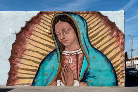 Mural across from the San Ysleta Mission in El Paso. The mission was built in 1682 by members of the Tigua Indian tribe who had been forced to flee their ancestral home near what is now Albuquerque, New Mexico. It is the oldest mission in Texas. Original image from Carol M. Highsmith’s America, Library of Congress collection. photo