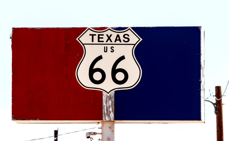 A representation of the sign for the Texas portion of the old U.S. Highway 66, posted during a short portion of that road still existing in Amarillo, Texas. Original image from Carol M. Highsmith’s America, Library of Congress collection.