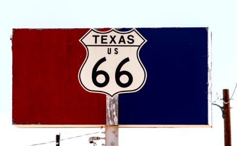 A representation of the sign for the Texas portion of the old U.S. Highway 66, posted during a short portion of that road still existing in Amarillo, Texas. Original image from Carol M. Highsmith’s America, Library of Congress collection. photo