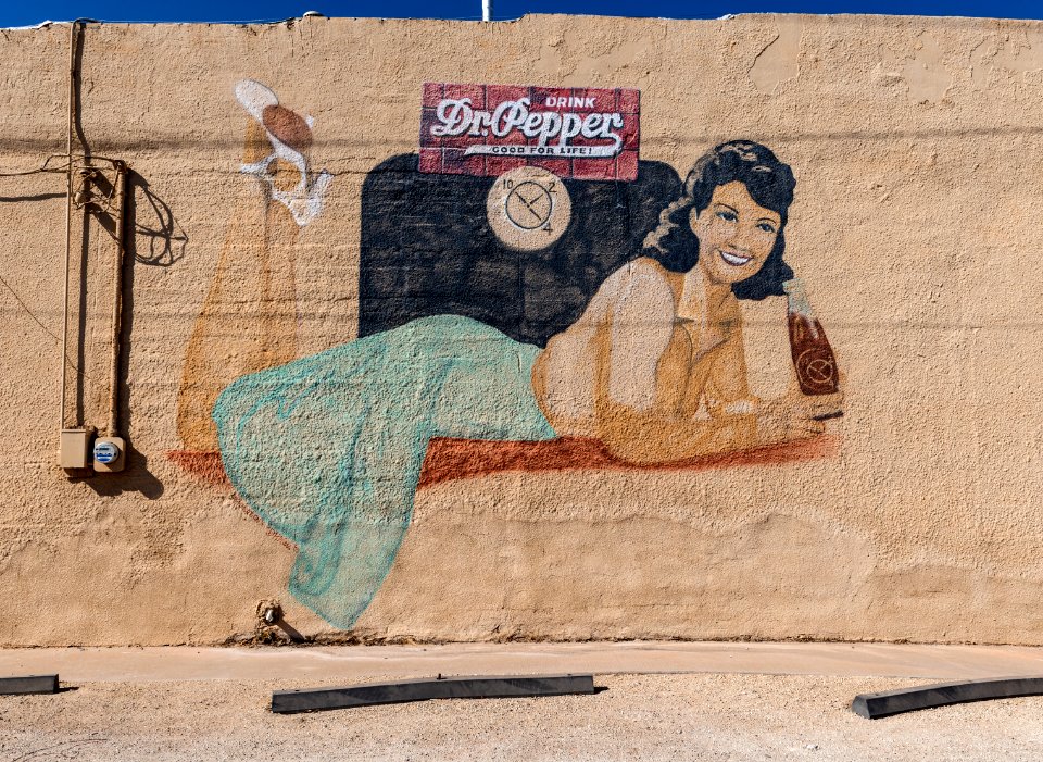 A vintage Dr. Pepper soft-drink outdoor advertisement in Anson, the seat of Jones County, Texas. Original image from Carol M. Highsmith’s America, Library of Congress collection.