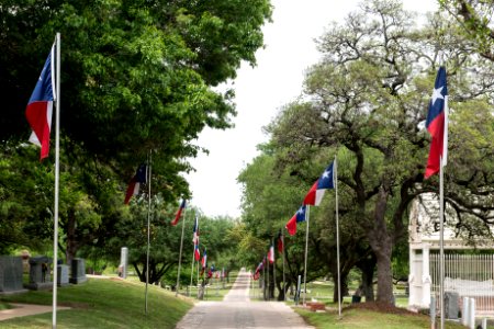 Texas state flags line a path through the Texas State Cemetery in Austin. Original image from Carol M. Highsmith’s America, Library of Congress collection. photo