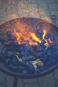Black Charcoal With Fire On Black Round Steel Bowl photo