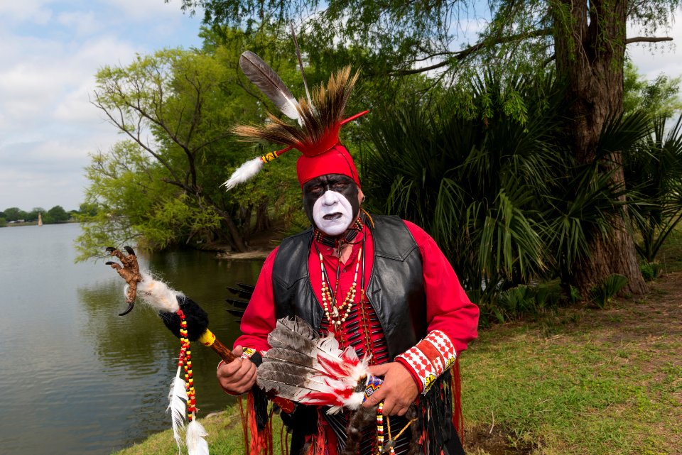 Victor Gomez, whose heritage is Seneca, at the Celebrations of Traditions Pow Wow, an official Native American Pow Wow this is part of the annual, month-long Fiesta San Antonio in Texas. The Pow Wow is sponsored by United San Antonio Pow Wow, Inc., a Texas nonprofit organization devoted to promoting the culture and traditions of the American Indian. Original image from Carol M. Highsmith’s America, Library of Congress collection.