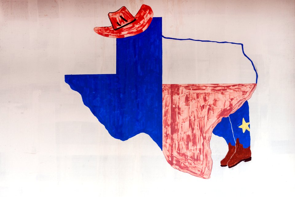 A fanciful map of Texas, depicted on a downtown wall in Pecos, the seat of Reeves County. Original image from Carol M. Highsmith’s America, Library of Congress collection.