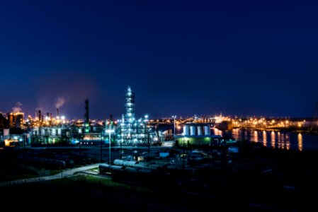 Dusk shot of an industrial scene along the road from Port Arthur to Sabine Pass, Texas. Original image from Carol M. Highsmith’s America, Library of Congress collection.