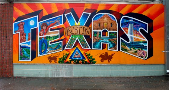"Austin, Texas" mural — evoking a postcard image — on Guadalupe Street, north of the University of Texas at Austin. Original image from Carol M. Highsmith’s America, Library of Congress collection. photo