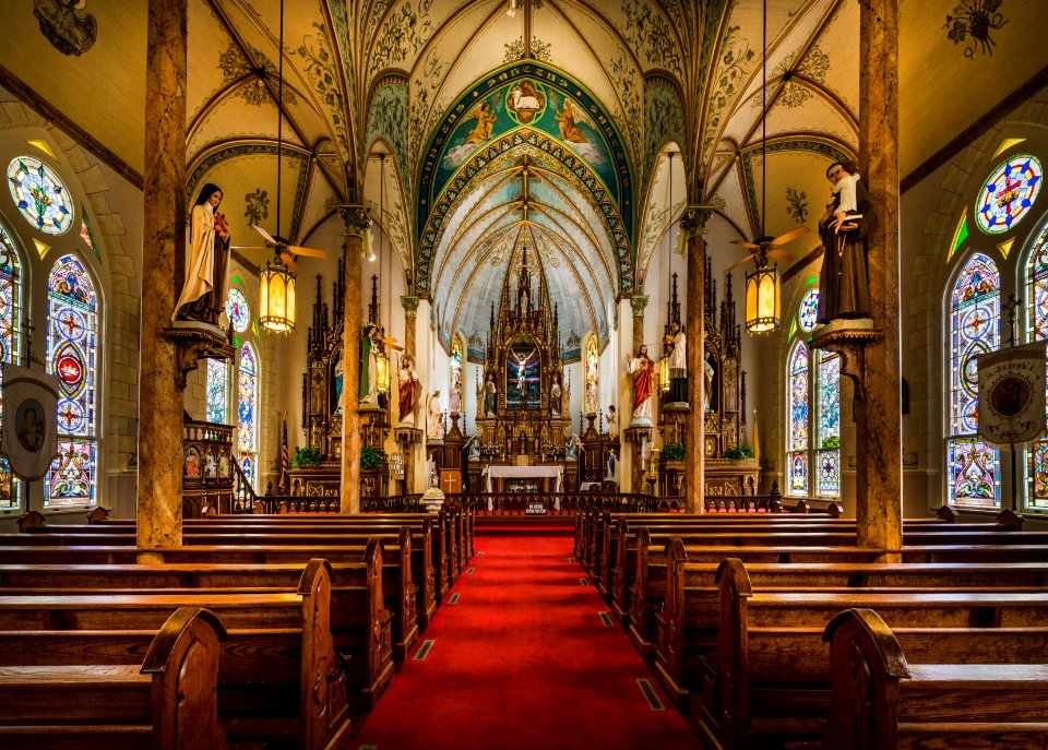 Sanctuary of the Nativity of Mary, Blessed Virgin Catholic Church, also known as the St. Mary Catholic Church, in High Hill, a little community near Schulenberg in Fayette County, Texas. This is considered the "queen" of what Texans call their "painted churches." Its decorative paintings were executed by Ferdinand Stockert and Hermann Kern in 1912. They also painted the walls and ceiling of Saint Joseph's Catholic Church in San Antonio. Original image from Carol M. Highsmith’s America, Library of Congress collection.