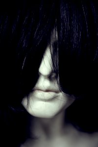 Woman Face Covered With Hair photo