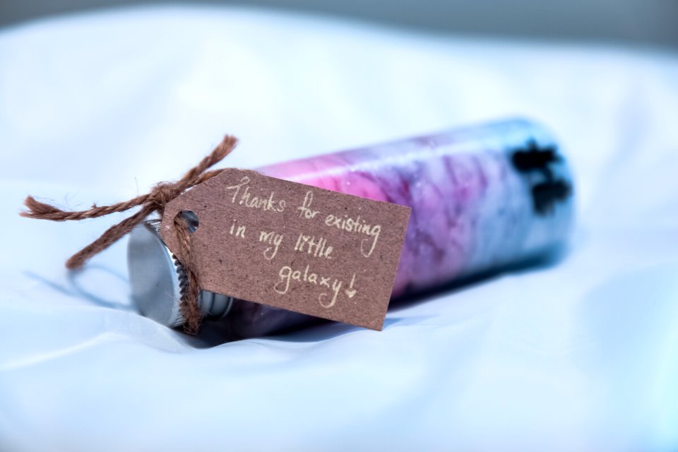 Brown Thank You Card On Pink And Blue Small Bottle