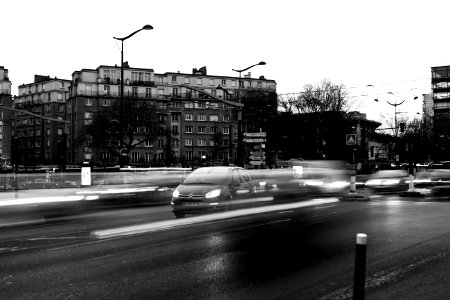 Vehicles On Road In Grayscale Photography photo