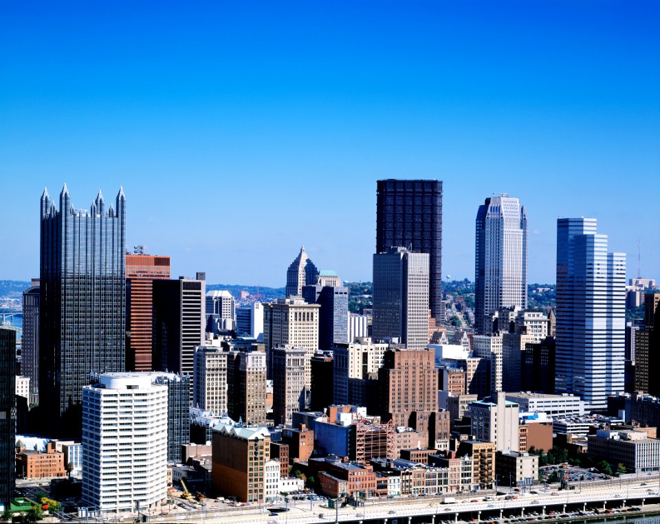 Pittsburgh, Pennslyvania skyline including PPG Place with the spiked roofline to the far left designed by famous architect Philip Johnson. Original image from Carol M. Highsmith’s America, Library of Congress collection.