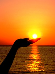 Silhouette Of Human Hand Holding The Sun Set Near Ocean Photography photo