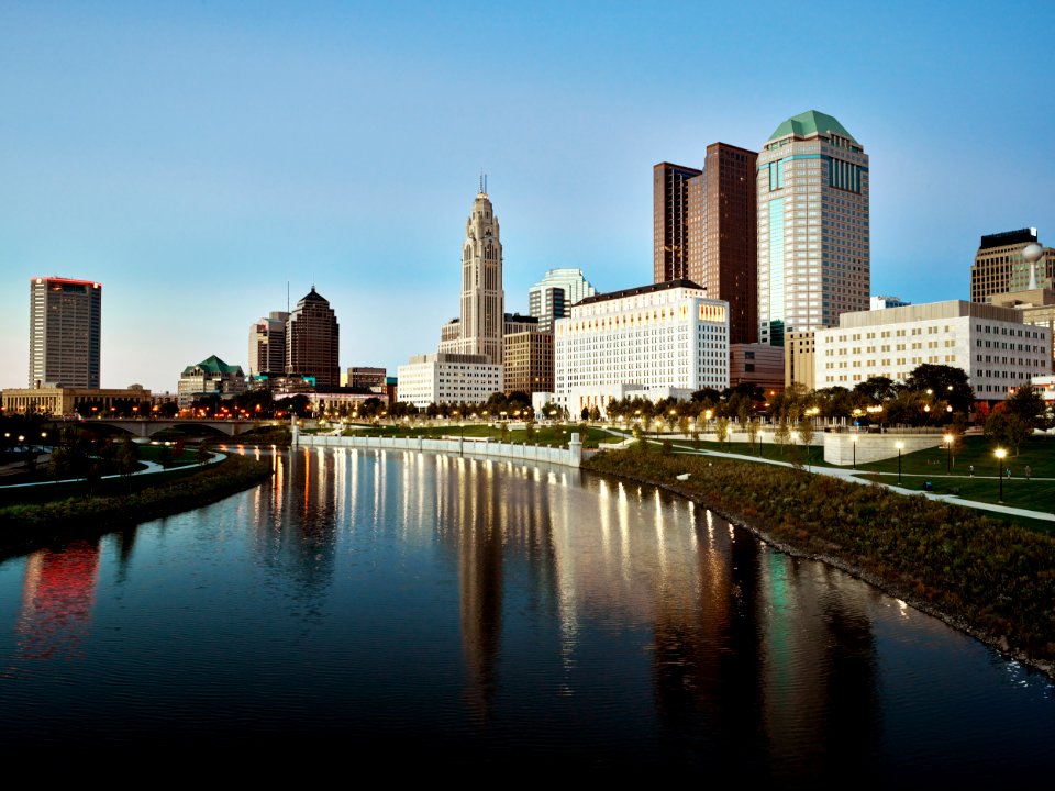 Dusk shot of Columbus, Ohio, from a point along the Scioto River. Original image from Carol M. Highsmith’s America, Library of Congress collection.