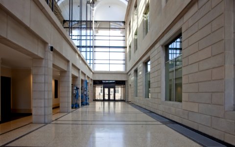 Lobby between new addition and original structure, Federal Building and U.S. Courthouse, Fargo, North Dakota (2010) by Carol M. Highsmith. Original image from Library of Congress.