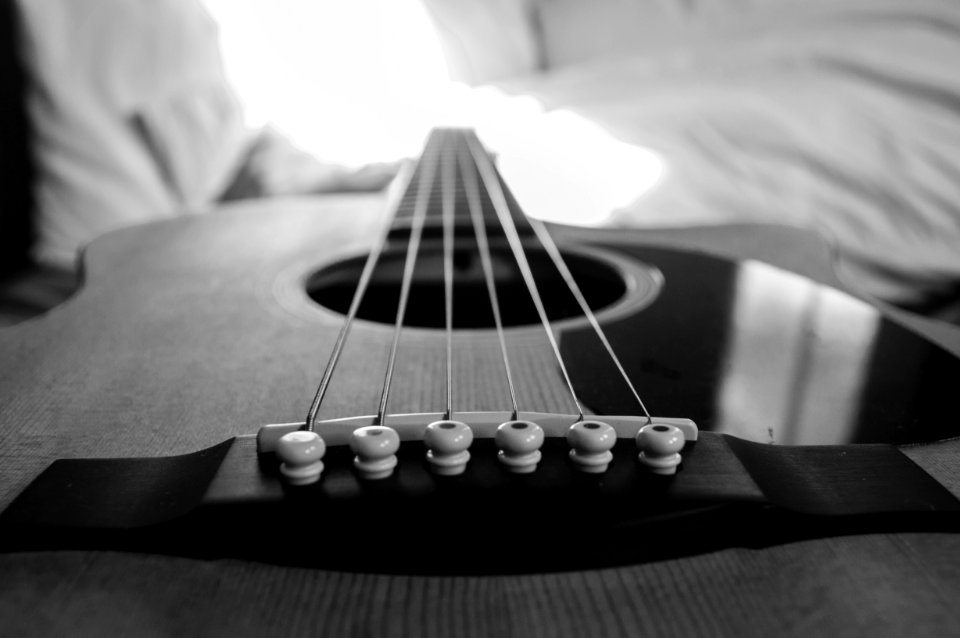 Wooden Acoustic Guitar Macro Photography In Grayscale Photo photo