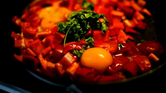 Pan Of Peppers With Egg photo