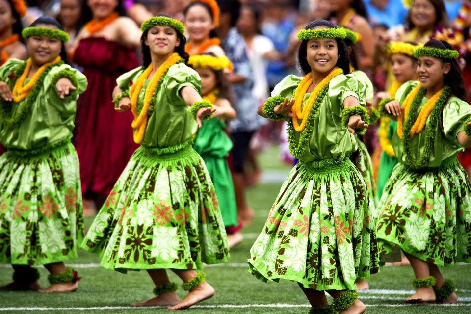 Girls In Green Dress Dancing During Daytime With Leis