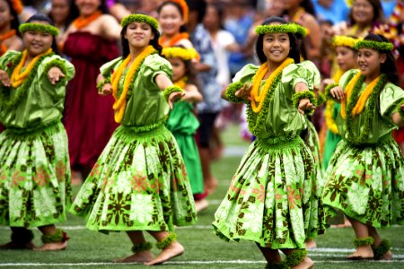 Girls In Green Dress Dancing During Daytime With Leis