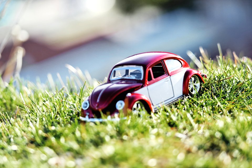 Red And White Beetle Car Toy On Grass Field In Bokeh Photography