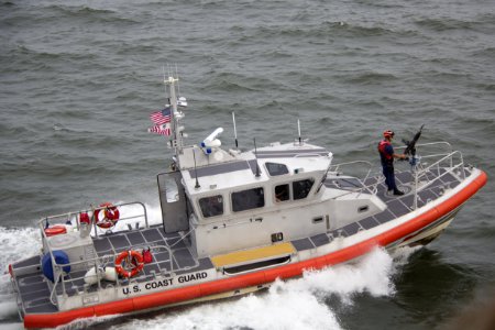 White Orange US Coast Guard Boat On The Sea