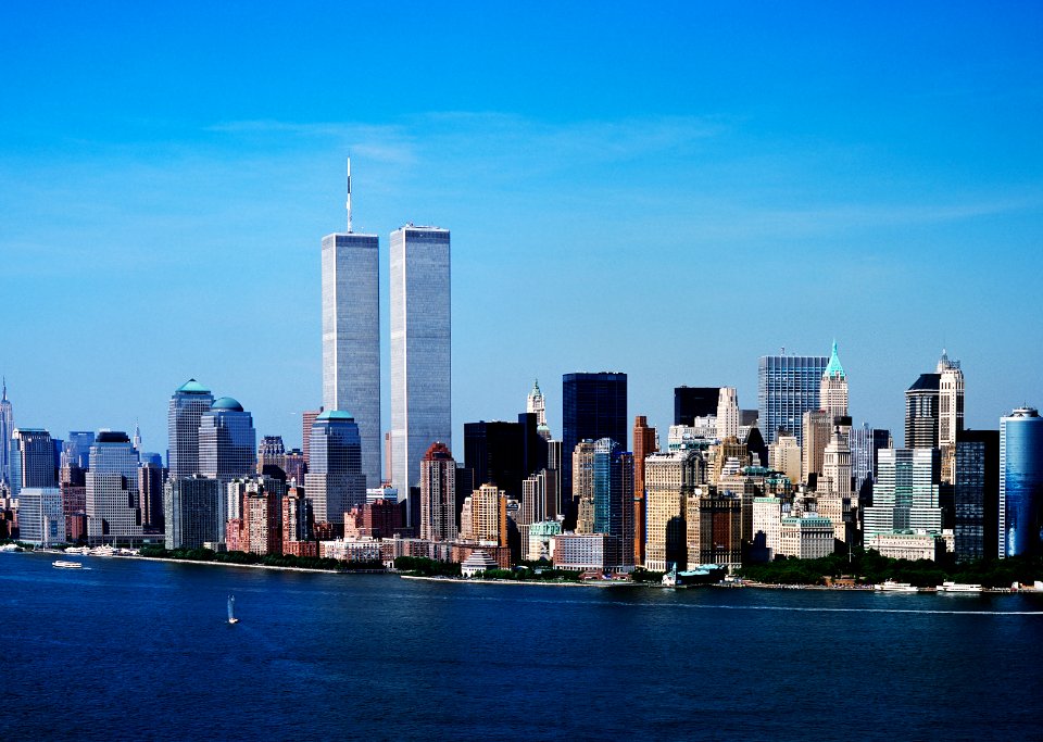 Aerial view of New York City, in which the World Trade Center Twin Towers is prominent. Original image from Carol M. Highsmith’s America, Library of Congress collection.