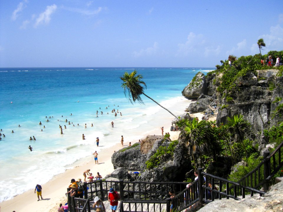 People On Cliff With Grass Trees Watching People On Sea Shore Swimming Walking Under Blue Clouds During Daytime