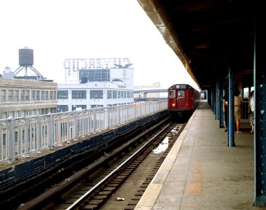 New York subway train arrives at a station in Brooklyn. Original image from Carol M. Highsmith’s America, Library of Congress collection.