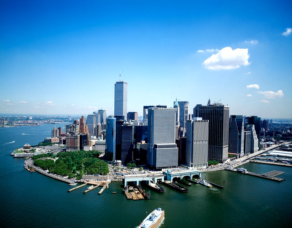 Skyline of lower Manhattan pre 9/11. Original image from Carol M. Highsmith’s America, Library of Congress collection.