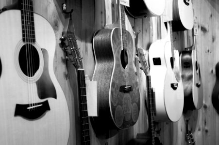 Gray Scale Photo Of Acoustic Guitars photo