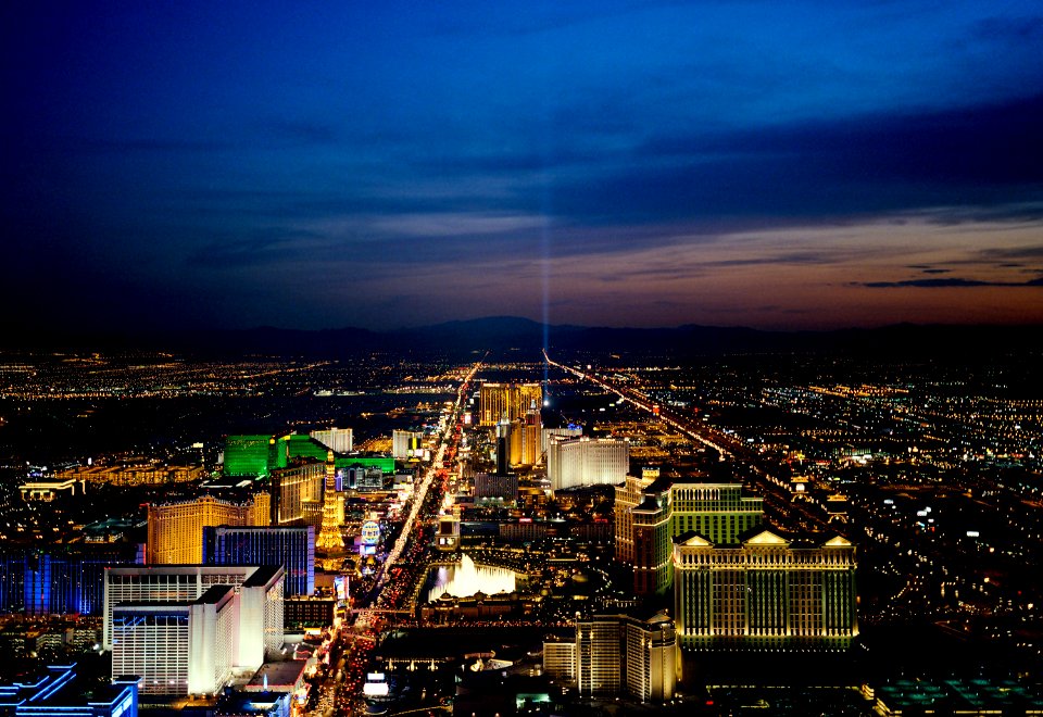 Aerial view of Las Vegas at night. Original image from Carol M. Highsmith’s America, Library of Congress collection.